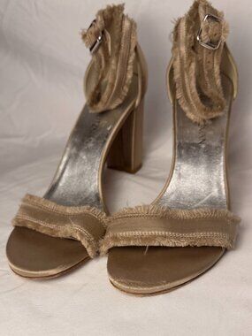 Stuart Weitzman Tan Satin Raw Edge Strappy Sandals Heels Size 9